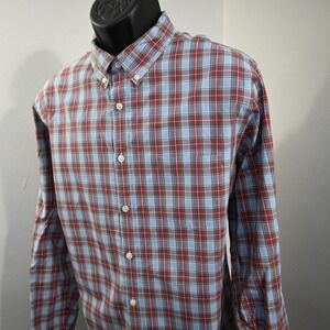 J.Crew Button Down Shirt Mens XL Regular Blue Gray Red Plaid Long Sleeve Pocket